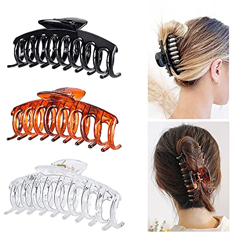 Grandes de Garra para Pelo Clip, 3 Pinzas de Pelo Grande Clip de Garra Grande Antideslizante, 11cm Plástico Pinza de Pelo Plátano de Garra para Mujeres Niñas, Negro, Marrón, Cristal transparente