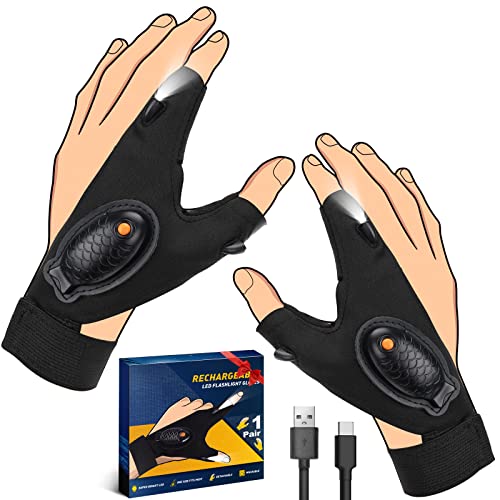 Guantes con Luz LED Recargable, Día del Padre Regalos Originales para Hombre Guantes de LED, Regalos San Valentin Hombre Guantes de Pesca, Herramientas de Hombre Guantes con Luz Impermeable (Negro)