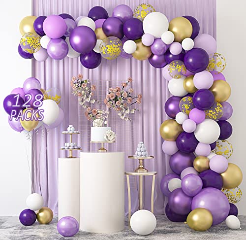 Guirnalda Globos Morado Dorado, 128 Piezas Kit de Arco Globos Morado Dorado Blanco, Metalizado Púrpura Dorado Blanco Látex Globos para Decoración de Boda, Cumpleaños Fiesta, Graduación Fiesta