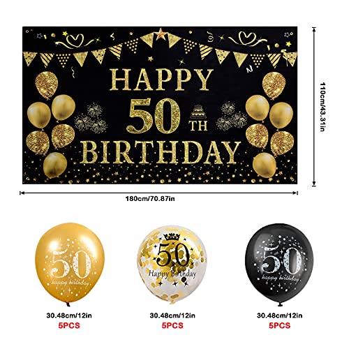 GuKKK 50 Años Decoración de Fiesta de Cumpleaños de Oro Negro, 50 Pancarta Feliz Cumpleaños, 15 Pcs Globos de Cumpleaños, Fondo Foto Cumpleaños, Póster de Tela Cartel Extra Grande para Niños Niñas