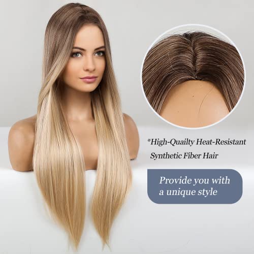 HAIRCUBE Peluca rubia larga recta , pelucas sintéticas para mujer, pelucas resistentes al calor de parte media de raíz marrón natural, ropa de cosplay diaria