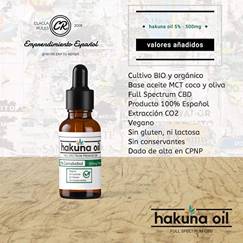 – Hakuna Oil – Aceite de Cáñamo Premium orgánico y ecológico BIO 5% | 500mg | Proveniente de la Planta de Cañamo | Aceite CBD 100% Natural