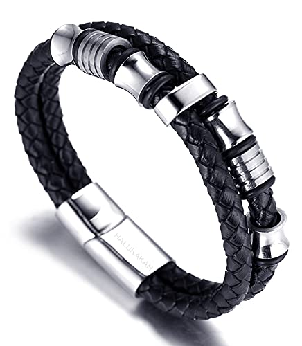 HALUKAKAH Niños ● Solo Junior ● Pulsera Ninos Cuero Genuina Negro 6-12 AÑOS Perlas de Titanio Acero Inoxidable de Plata Cierre Magnético 7"/18cm con CajaDeRegaloGRATIS