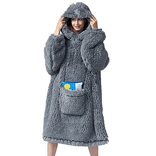 Hansleep Manta con Capucha Sudadera Gigante, Manta de Piel Sintética Sherpa Batamanta Mujer Invierno Ultra Suave Manta de TV Calentita para Mujeres Hombres Adultos Adolescentes Niñas Vino Tinto Gris