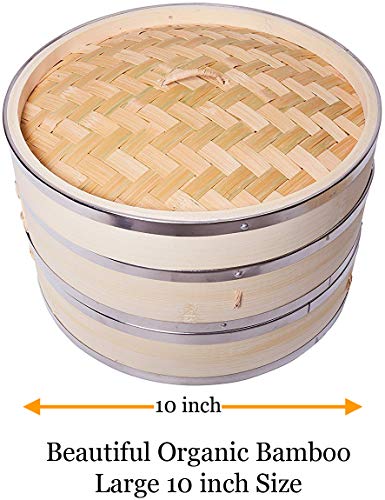 Harcas Cesta de Vapor de bambú orgánico de primera calidad, de 2 niveles con tapa, resistente y duradero con bandas de acero inoxidable. Ideal para dim Sum, verduras, carne y pescado. Hecho a mano