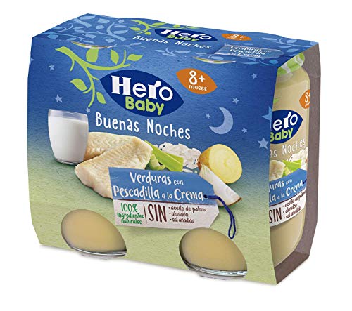 Hero Baby Buenas Noches Tarritos de Verduritas con Pescadilla a la Crema - Para Bebés a Partir de los 8 Meses - 6 Packs de 2x190gr