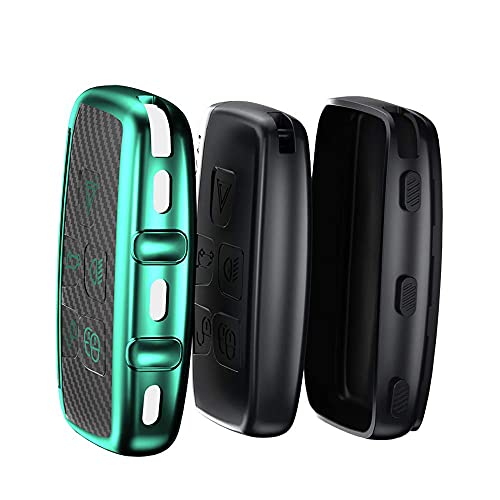 HIBEYO Funda de carbono TPU para llave de coche Land Rover Sport Evoque Velar Discovery LR4 Jaguar XF XJ XE F-PACE Keyless 5 botones verde