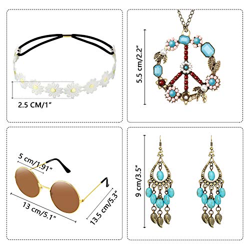 Hicarer Conjunto de Disfraces de Hippie Incluye Gafas de Sol, Diadema, Collar de Signo de Paz y Pendientes(Estilo Turquesa)