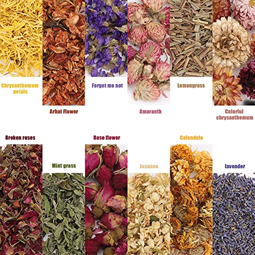 Hierbas y Flores Secas Kit de 12 Tipos de Flores Secas Naturales Jazmín Lavanda Nomeolvides Rosa Crisantemo Limoncillo Menta para Hacer Velas de jabón DIY Hacer Joyas de Resina Aroma Bombas de baño