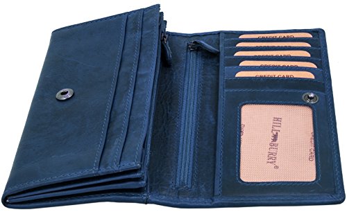 Hill Burry Cartera de Cuero para Mujer | Billetera - Monedero de Cuero Genuino con Aspecto Vintage | Mujeres - Hombre | XXL Largo Grande Capacidad (Azul)