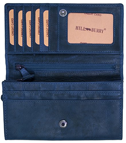 Hill Burry Cartera de Cuero para Mujer | Billetera - Monedero de Cuero Genuino con Aspecto Vintage | Mujeres - Hombre | XXL Largo Grande Capacidad (Azul)