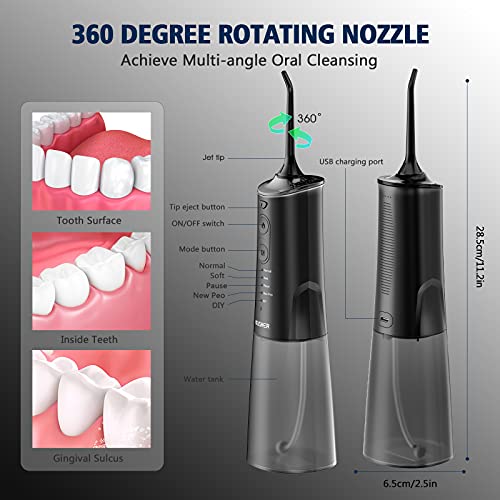 Hilo dental inalámbrico para dientes - Irrigador oral dental portátil KUSKER con 5 nuevos modos, 4 puntas de chorro reemplazables - Hilo de agua recargable IPX7 impermeable (negro)
