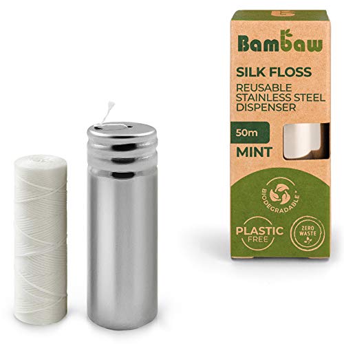Hilo Dental Seda | Botella + 50m Hilo Dental | Hilo Dental Biodegradable | Bote Dispensador Reutilizable de Acero Inoxidable | Hilo Dental Sostenible | Higiene Dental| Bambaw