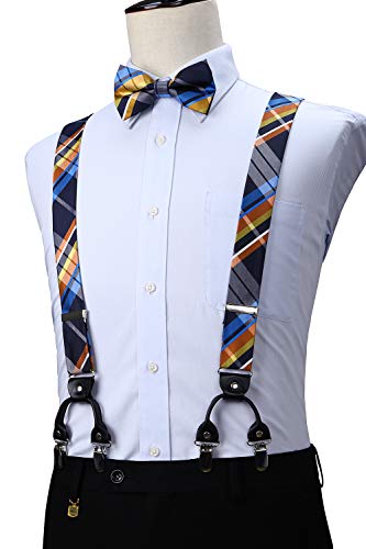 HISDERN Comprobar Raya 6 Clips Suspendedor & Corbata de mono & Plaza de bolsillo Set Forma Y Tirantes ajustables Naranja/azul