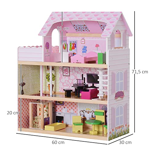 HOMCOM Casa de Muñecas con 13pcs Muebles Mobiliario Casita Muñeca Juguete Madera 3 Pisos Casa de Juguete Bella de Madera 60x30x71.5cm