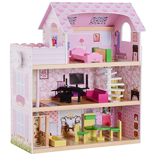 HOMCOM Casa de Muñecas con 13pcs Muebles Mobiliario Casita Muñeca Juguete Madera 3 Pisos Casa de Juguete Bella de Madera 60x30x71.5cm