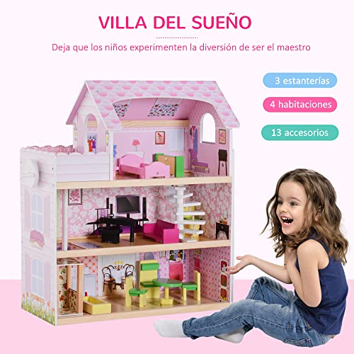 HOMCOM Casa de Muñecas con 13pcs Muebles Mobiliario Casita Muñeca Juguete Madera 3 Pisos Casa de Juguete Bella de Madera 60x30x71.5cm