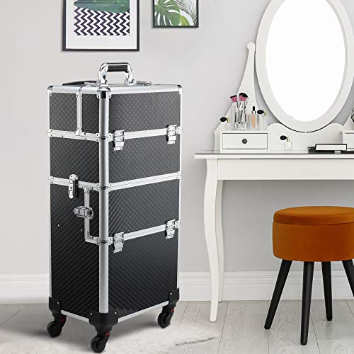 HOMCOM Maleta de Maquillaje Profesional Maletín de Comésticos Desmontable con Ruedas Universales Bandejas Desplegables con Cerradura Fácil de Transportar 36x24x79-107cm Negro