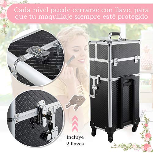 HOMCOM Maleta de Maquillaje Profesional Maletín de Comésticos Desmontable con Ruedas Universales Bandejas Desplegables con Cerradura Fácil de Transportar 36x24x79-107cm Negro