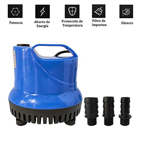 Homvik Bomba de Agua Sumergible 3000L/H 60W con 3 Boquillas Bomba de Agua para Fuente Acuario Estanque Pecera Ultra Silencioso Circulación de Agua Dulce y Marino 3.5m de Altura - Azul