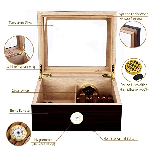 Humidor de puros hecho a mano,SLEGE Humidor de cedro,Termómetro e Higrómetro,Humidificador de puros Classic Desk,Tapa de cristal transparente,Español Manual (30-50 puros)