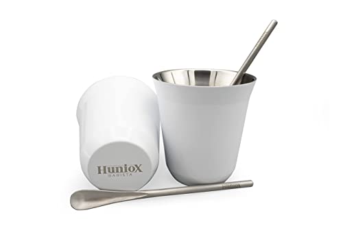 HUNIOX Juego de 2 Tazas de café. Tazas Desayuno para Café Espresso, Cortado y/o con Leche de 160 ml.Taza Térmica con Doble Pared para Aislamiento y 2 cucharillas en Acero Inoxidable grado 304 Coral