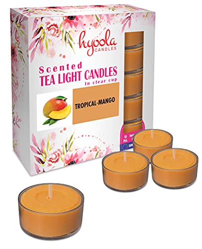 Hyoola Velas de Té Perfumadas - Velas Candelitas en Vaso Transparente - Velas Aromáticas con Aroma a Mango Tropical - Naranja - 6 Horas de Combustión - Pack de 15 - Hechas en Europa