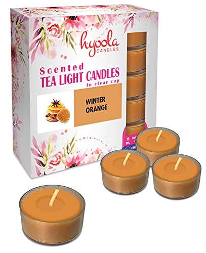 Hyoola Velas de Té Perfumadas – Velas Candelitas en Vaso Transparente – Velas Aromáticas con Aroma a Naranja de Invierno – Naranja - 6 Horas de Combustión - Pack de 15 – Hechas en Europa