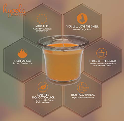 Hyoola Velas Votivas con Perfume - Velas Aromáticas en Vaso Transparente - Velas Perfumadas con Aroma a Naranja de Invierno - Naranja - 12 Horas de Combustión - Pack de 4 - Hechas en Europa