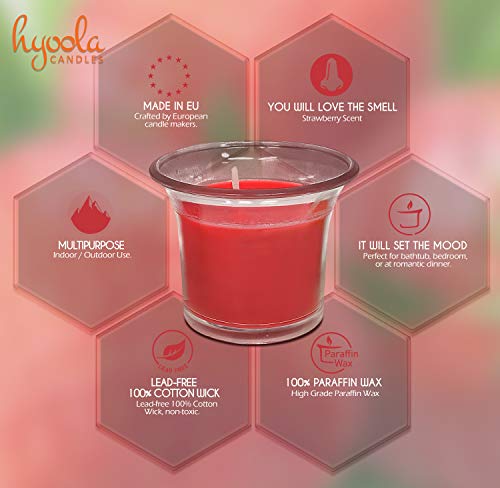 Hyoola Velas Votivas con Perfume - Velas Aromáticas en Vaso Transparente - Velas Perfumadas con Fresa - Rojo - 12 Horas de Combustión - Pack de 4 - Hechas en Europa