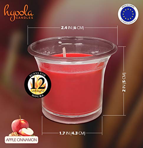 Hyoola Velas Votivas con Perfume - Velas Aromáticas en Vaso Transparente - Velas Perfumadas con Manzana y Canela - Rojo - 12 Horas de Combustión - Pack de 4 - Hechas en Europa