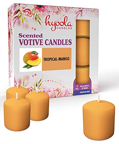 Hyoola Velas Votivas con Perfume - Velas Perfumadas con Aroma a Mango Tropical - Naranja - 12 Horas de Combustión - Pack de 9 Velas Aromáticas - Hechas en Europa