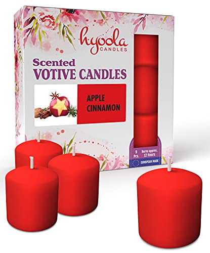 Hyoola Velas Votivas con Perfume - Velas Perfumadas con Aroma a Manzana y Canela - Rojo - 12 Horas de Combustión - Pack de 9 Velas Aromáticas - Hechas en Europa