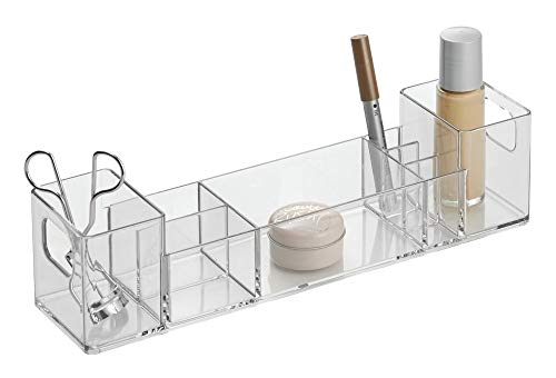 iDesign Organizador de baño, caja de almacenaje de plástico con 8 compartimentos y asas, bandeja organizadora para maquillaje, medicamentos o cremas, transparente