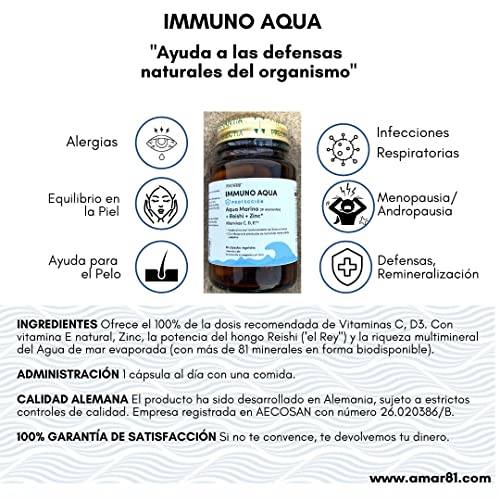 IMMUNO AQUA Defensas Fuertes, Vitamina C, D, E, Zinc, Reishi y Minerales Agua de Mar. 1 mes 30 cápsulas