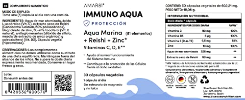 IMMUNO AQUA Defensas Fuertes, Vitamina C, D, E, Zinc, Reishi y Minerales Agua de Mar. 1 mes 30 cápsulas