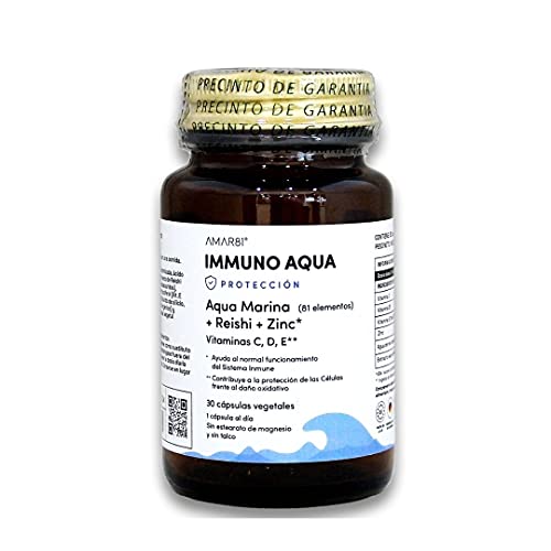 IMMUNO AQUA Defensas Fuertes, Vitamina C, D, E, Zinc, Reishi y Minerales Agua de Mar. 1 mes 30 cápsulas