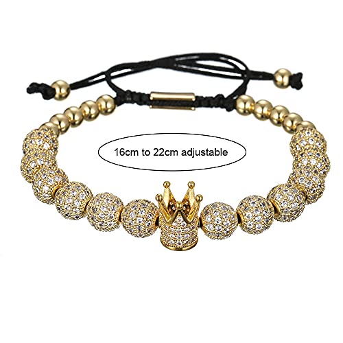 Imperial Crown King - Pulsera de cuentas de oro de 18 quilates con circonita cúbica para hombres y mujeres, Cobre, Cubic Zirconia,