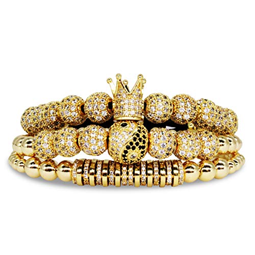 Imperial Crown King - Pulsera de cuentas de oro de 18 quilates con circonita cúbica para hombres y mujeres, Cobre, Cubic Zirconia,