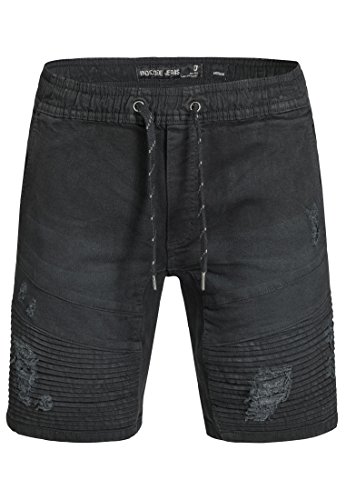 Indicode Caballero Ernest Pantalones Cortos Vaqueros con 4 Bolsillos y Cintura elástica de 98 % algodón | Denim Stretch Used Look Destroyed Regular Fit De Tiempo Libre para Hombres Negro S