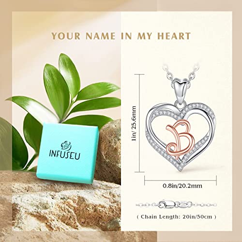 INFUSEU Collar para Mujer con Letra B Joyería, Inicial del Alfabeto Plata de Ley 925 Zirconia Cúbica Colgante de Doble Corazón y Cadena de 20 Pulgadas para Regalos de Nombre Femenino