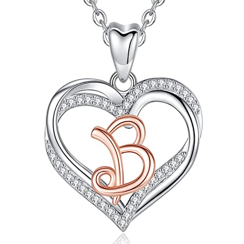 INFUSEU Collar para Mujer con Letra B Joyería, Inicial del Alfabeto Plata de Ley 925 Zirconia Cúbica Colgante de Doble Corazón y Cadena de 20 Pulgadas para Regalos de Nombre Femenino