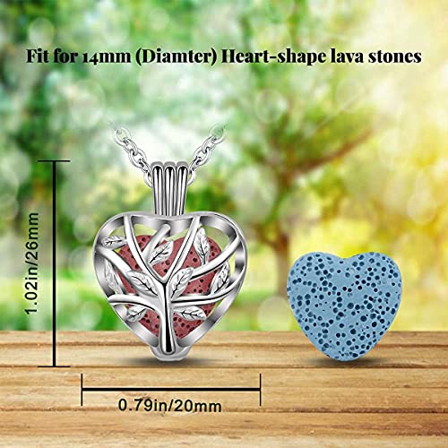 INFUSEU Collares Arbol De La Vida, Aromaterapia Aceites Esenciales Colgante Corazon Perfume De CorazóN Difusor Colgante Con 6 Piezas De Lava Piedras Y Cadena 24" Regalos Para Dama