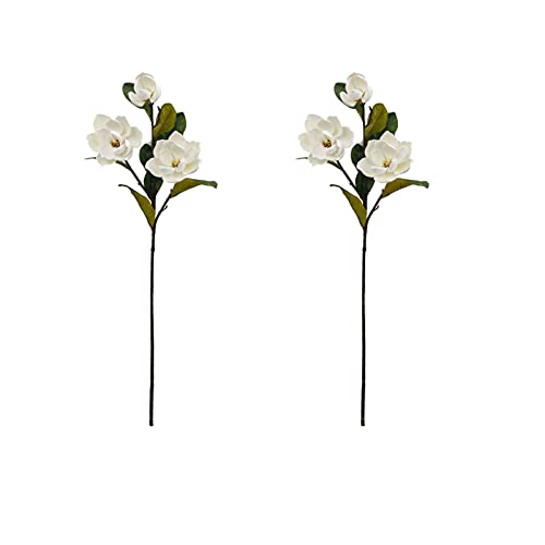 INIFLM 2 flores artificiales de magnolia blancas de seda, flores de magnolia, ramas florales falsas, realistas de una sola rama con tallos largos y hojas verdes para decoración de la pared del hogar