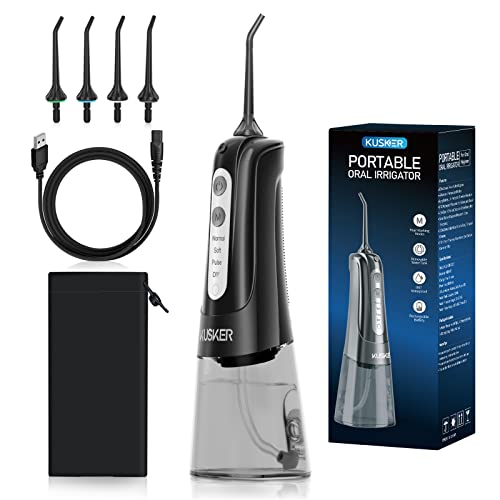 Irrigador oral dental portátil KUSKER para dientes, 4 modos y 4 puntas de chorro, IPX7 impermeable, recargable para uso de 30 días, hogar, viajes, aparatos ortopédicos, cuidado de puentes (negro)