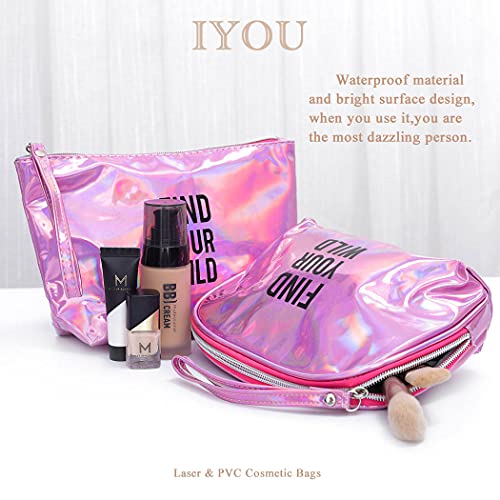 IYOU 2 Paquete Bolsa de Maquillaje Colocar Rosa Láser Impermeable Bolsas de Cosméticos Viaje Club Nocturno Fiesta Bolsas de Aseo Moda Mano Tenencia Bolsas de Shell por Mujeres y Chicas