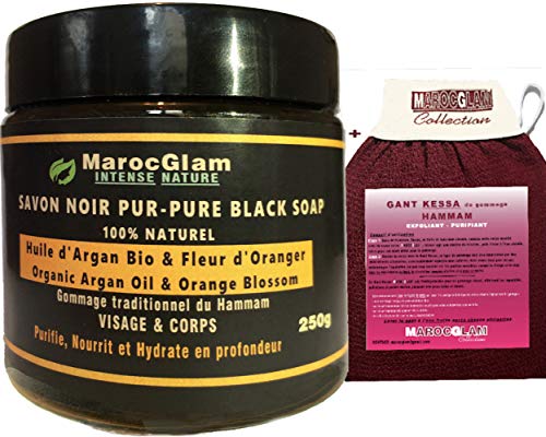 Jabón negro con aceite de argán orgánico y flor de naranjo 250 g + guante Kessa de lujo para exfoliación corporal y cara – Exfoliante natural Hammam y SPA: exfoliante – Purificante e hidratante