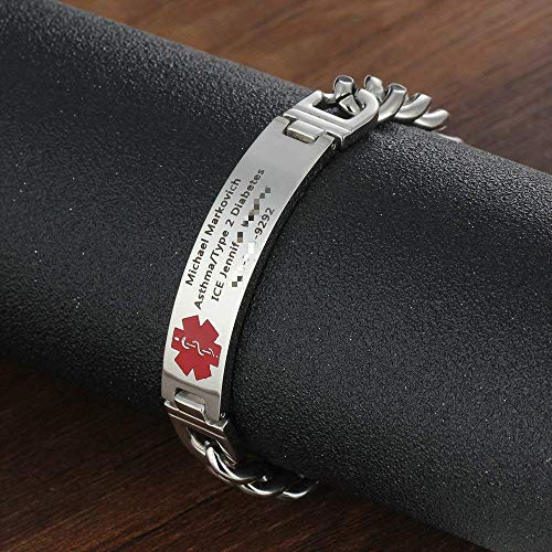 Jewelora Pulsera personalizada con grabado de emergencia médica para hombres, envoltura de identificación para adultos, pulsera despierta, pulsera médica médica de acero de titanio para mujeres (#1)