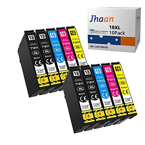 Jhaan 18XL Cartuchos de Tinta para Epson 18 18 XL Compatible con Epson Expression Home XP-205 XP-215 XP-225 XP-305 XP-322 XP-325 XP-405 XP-415 XP-422 XP-425 XP-315 (Paquete de 10)