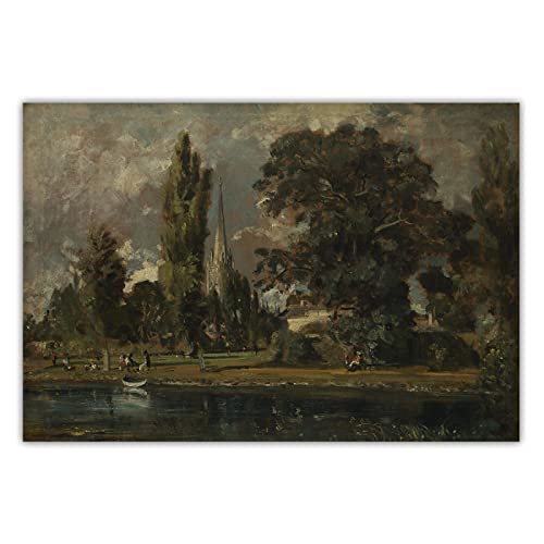 John Constable《Catedral de Salisbury y Leadenhall desde el río Avon》Arte en lienzo Pintura al óleo réplica Pared Decoración del hogar 30x45cm Sin marco